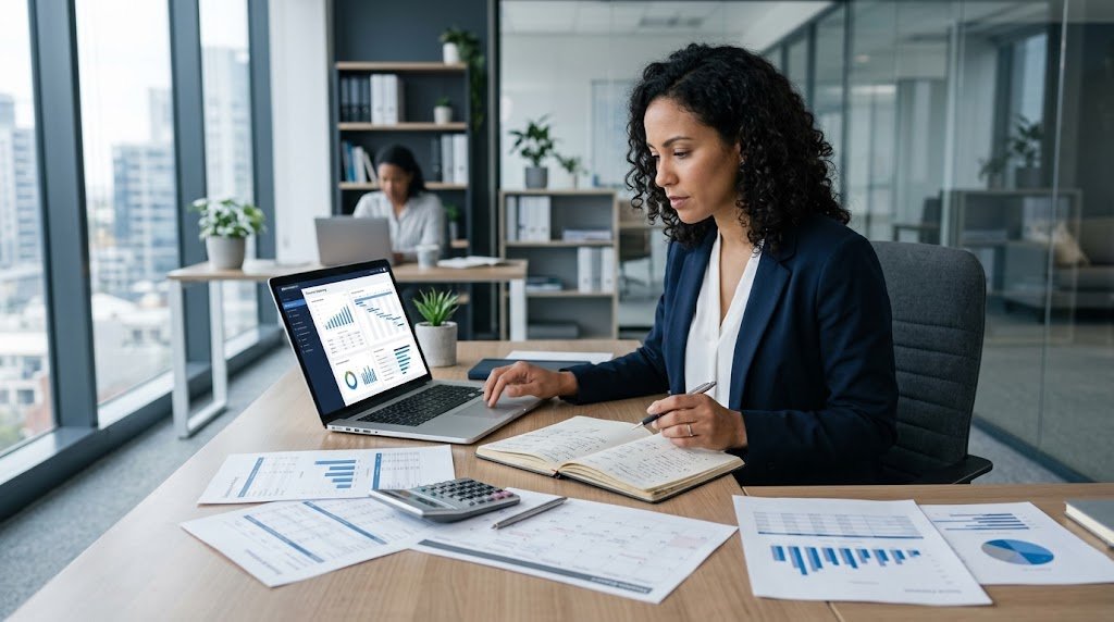 Entrepreneur reviewing small business planning documents and financial information