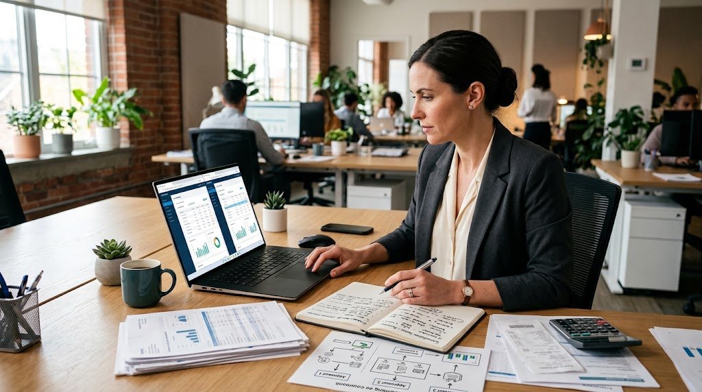 Small business owner comparing DIY accounting and professional help