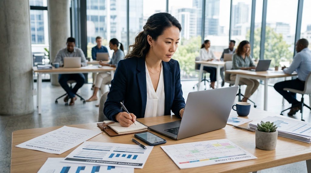 Audience Research for Small Business Marketing Small business owner analyzing customer and market research for marketing