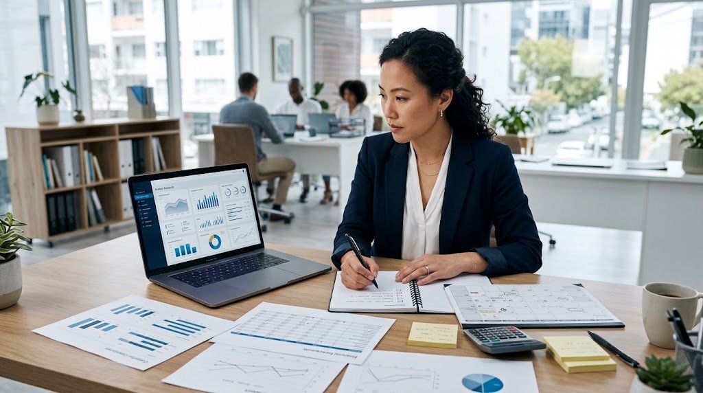 Small business owner analyzing market research and financial planning information