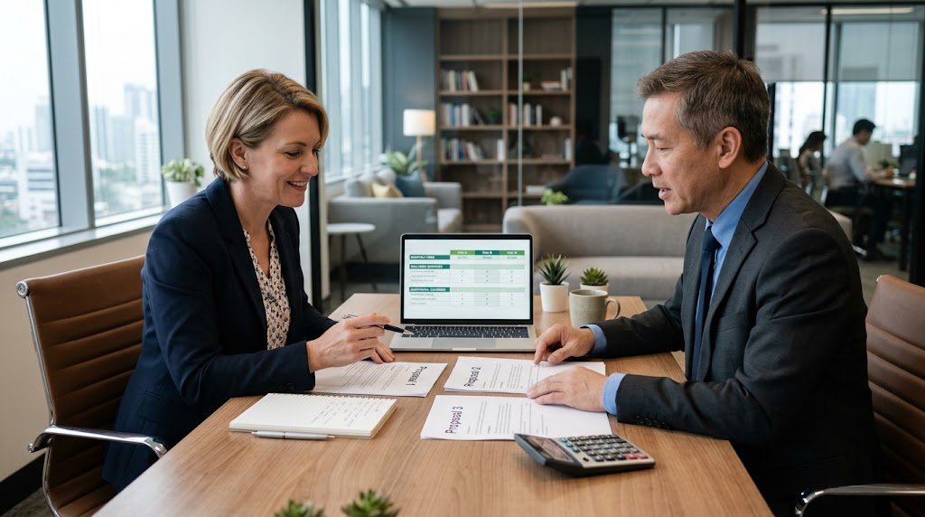 Small business owner comparing accountant quotes and services