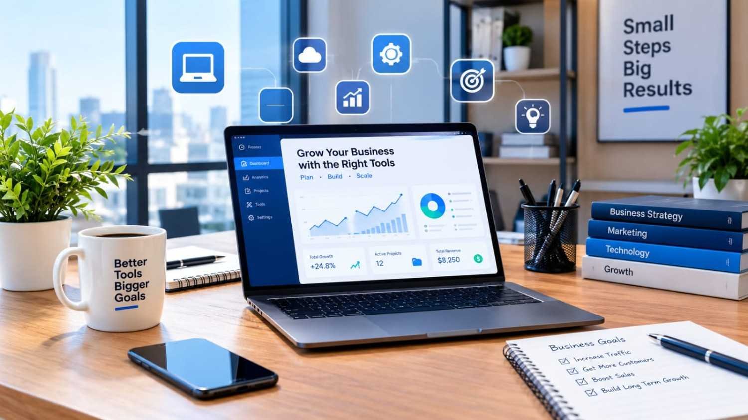 Modern business workspace with technology and business tools