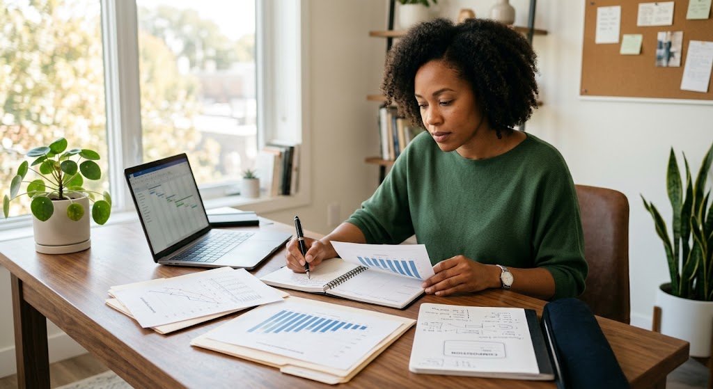 small business owner reviewing business progress