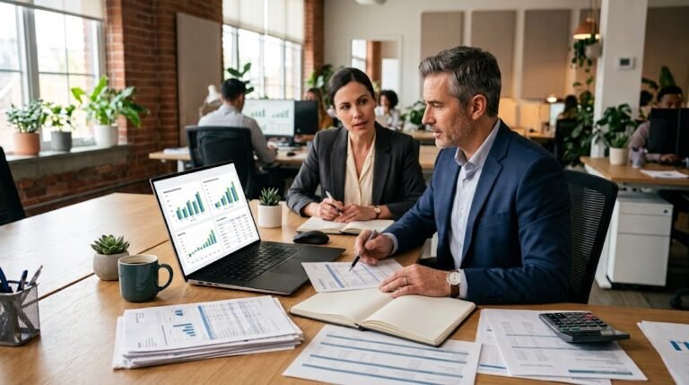 Small business owner discussing accounting costs with an accountant