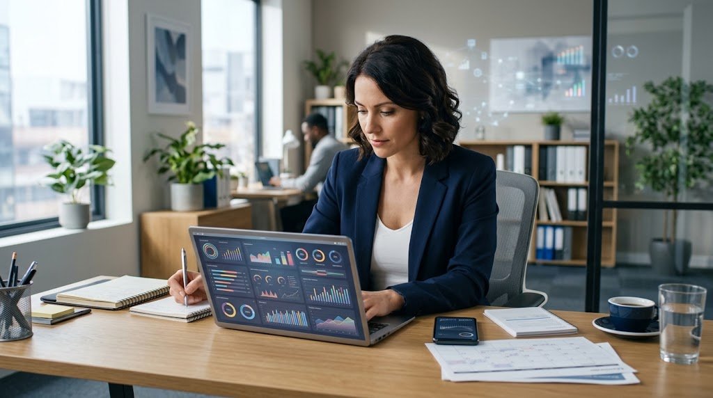 Small business owner using technology resources for business operations