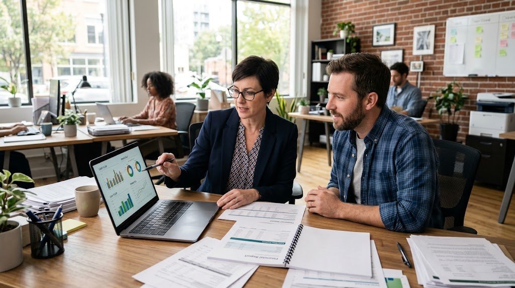 Accountant explaining financial statements to a small business owner
