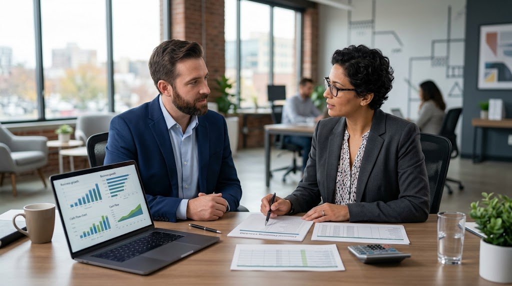 Business owner reviewing accounting needs with a professional