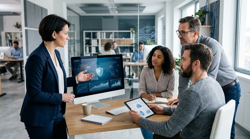 Small business team reviewing cybersecurity and cloud technology