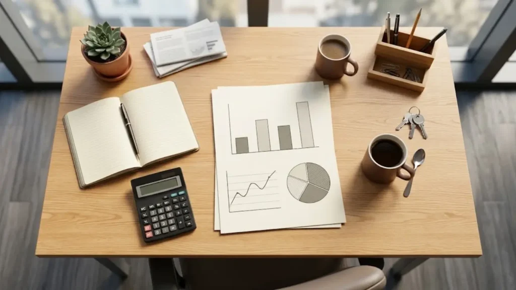 Calculator and financial report illustrating business earnings margin