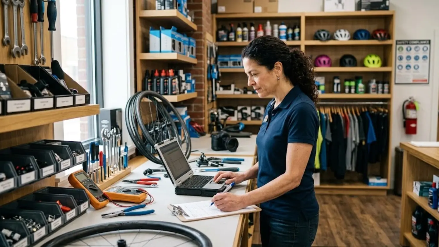 Small business owner inspecting inventory and equipment for commercial property insurance