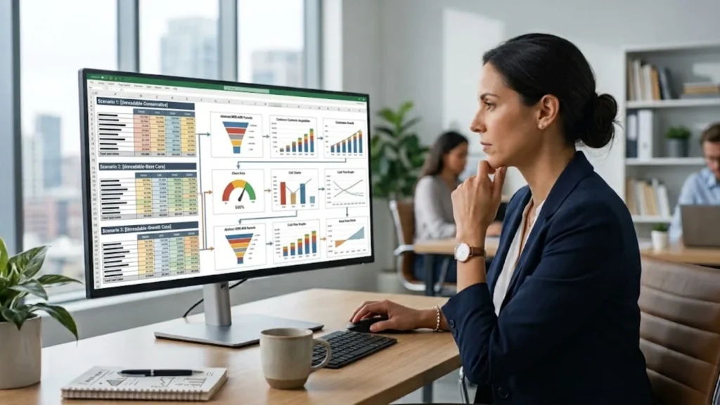 CRM SaaS financial model showing revenue cash flow and growth scenarios