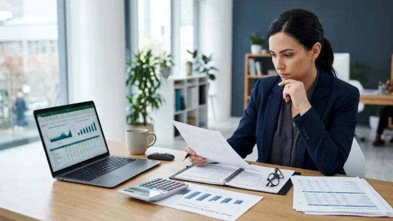 Business owner analyzing profit margins and operating costs at a desk