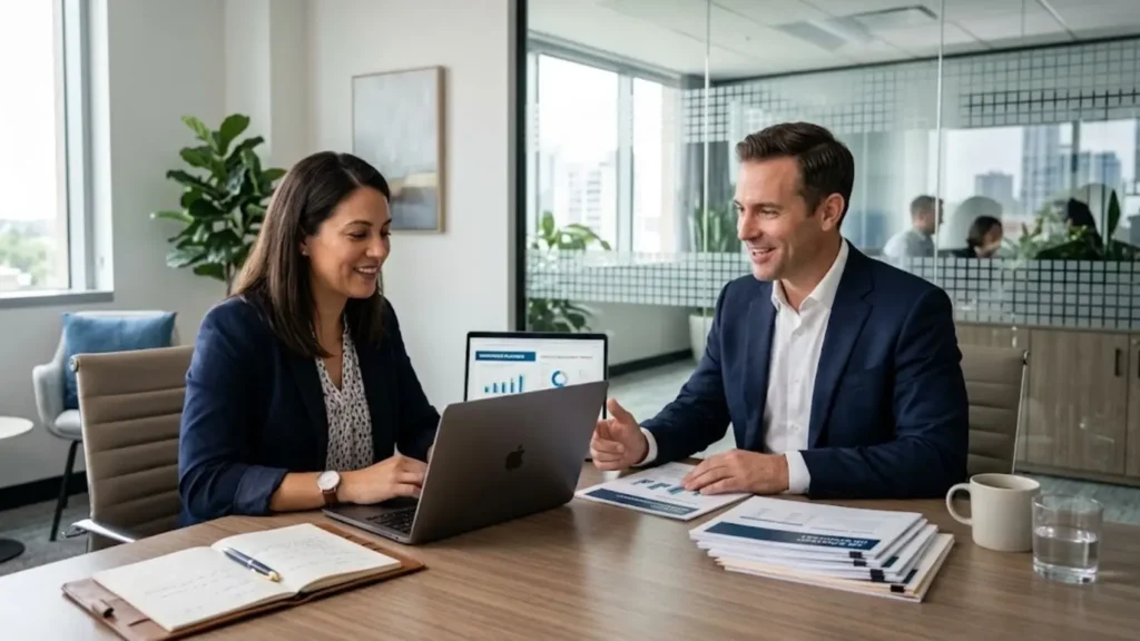 Small business owner meeting with an HR consultant to discuss employee management