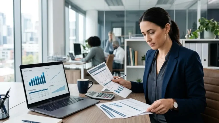 Entrepreneur comparing business revenue, expenses, and profit reports