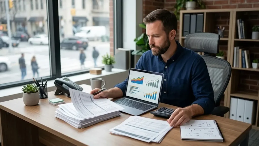Small business owner calculating product revenue, operating costs, and estimated profit