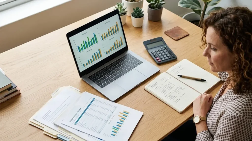 Laptop with monthly financial charts and calculator used to estimate annual revenue
