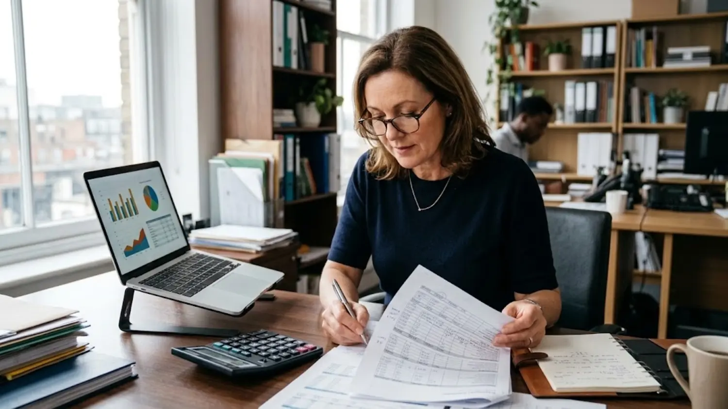 Small business owner reviewing revenue and earnings figures