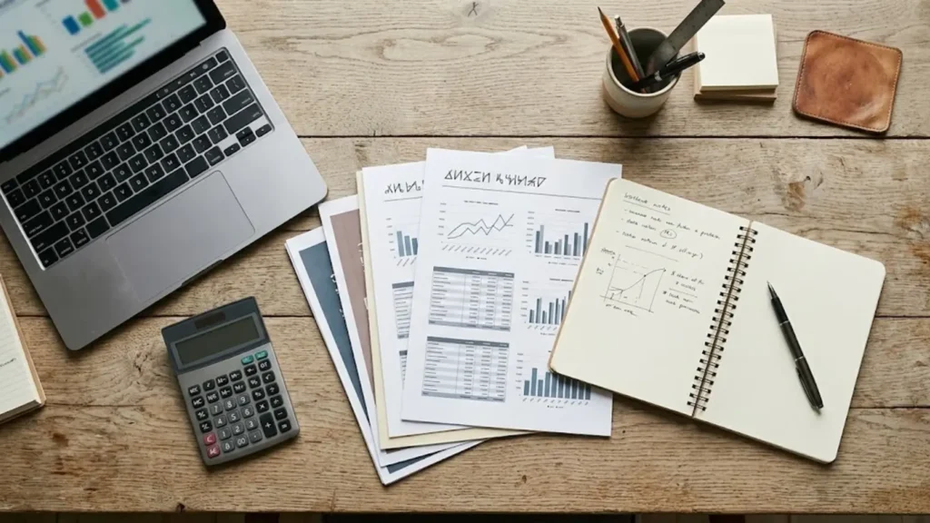 Calculator and financial report used to review yearly business revenue