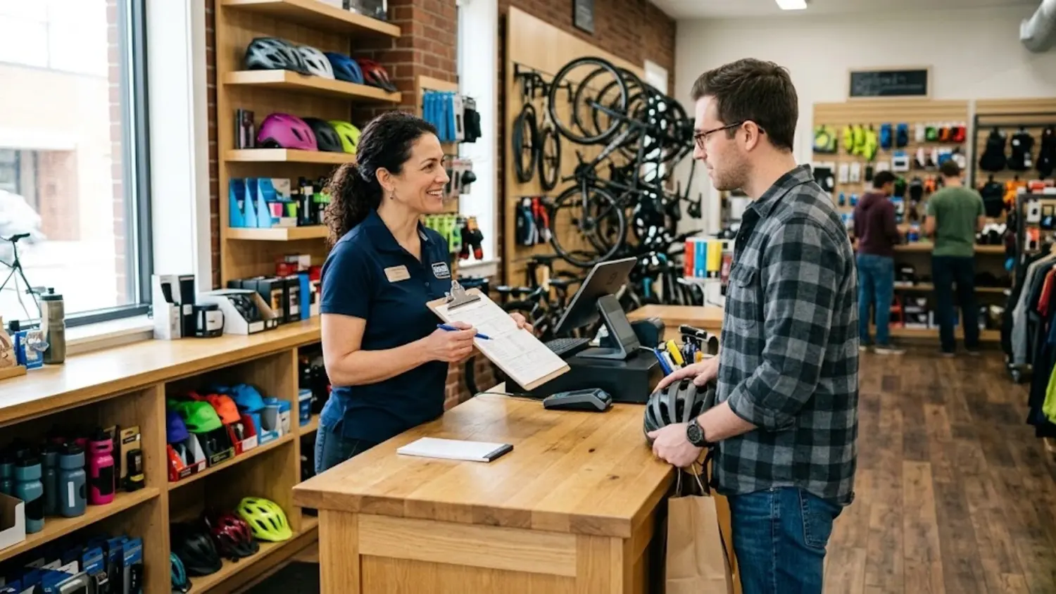 Small business owner discussing business risk management with a customer