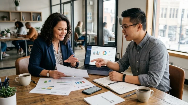 Small-business owner reviewing a social media agency proposal with a marketing professional