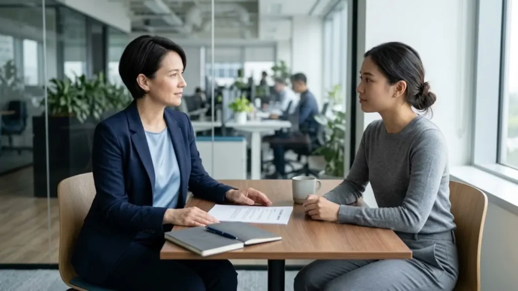 Manager having a constructive conversation with an employee about workplace behavior