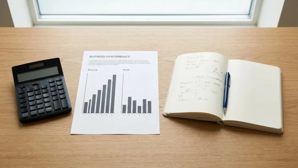 Calculator and financial report illustrating business revenue and profit