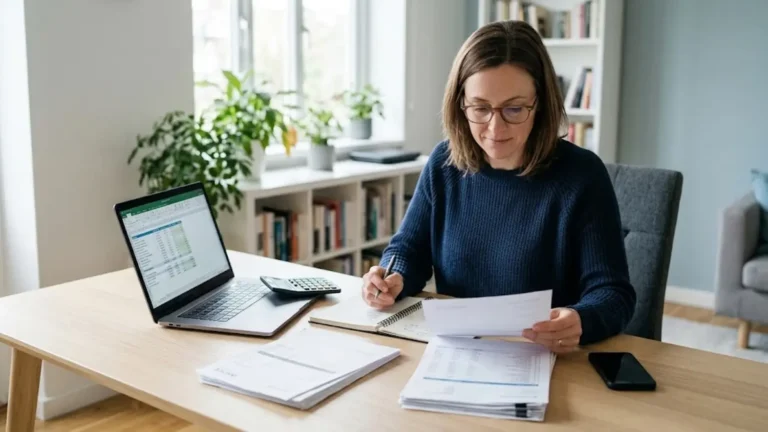 Self-employed professional reviewing income records for financing