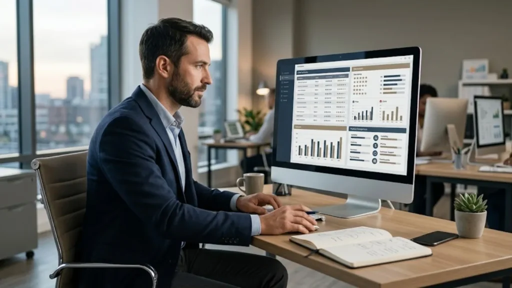 Small business owner evaluating CRM software reviews