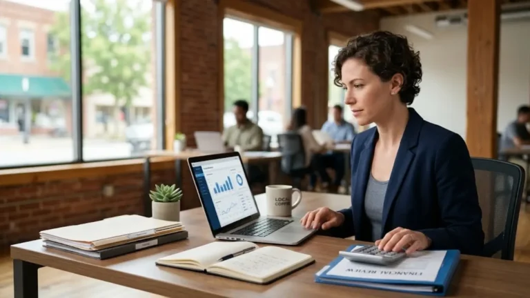 Small business owner researching business financing on a laptop