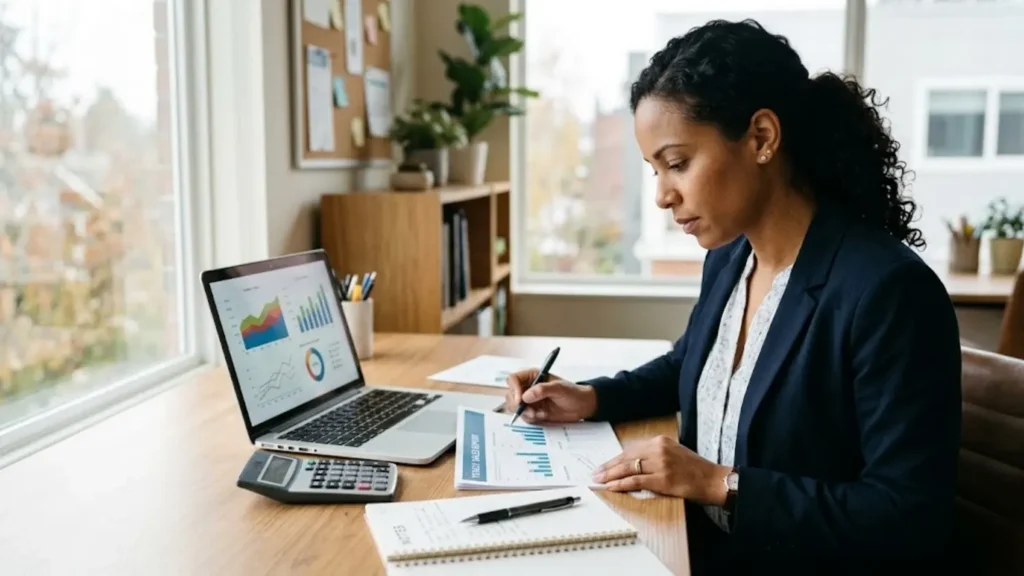 Small business owner reviewing annual revenue figures on a financial report