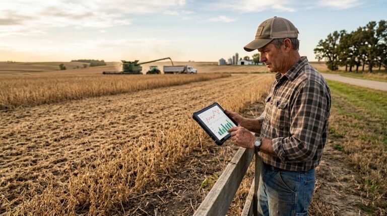 Farmer reviewing crop revenue information in a harvested field