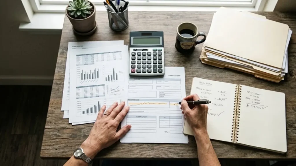 Calculator and organized accounting documents used to verify a business revenue figure