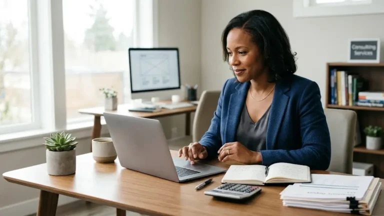 Small business owner reviewing financial charts and business opportunities at a desk