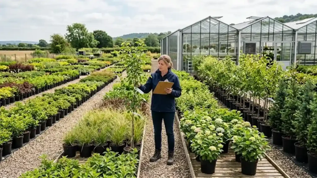 Commercial plant nursery with rows of plants and a nursery owner