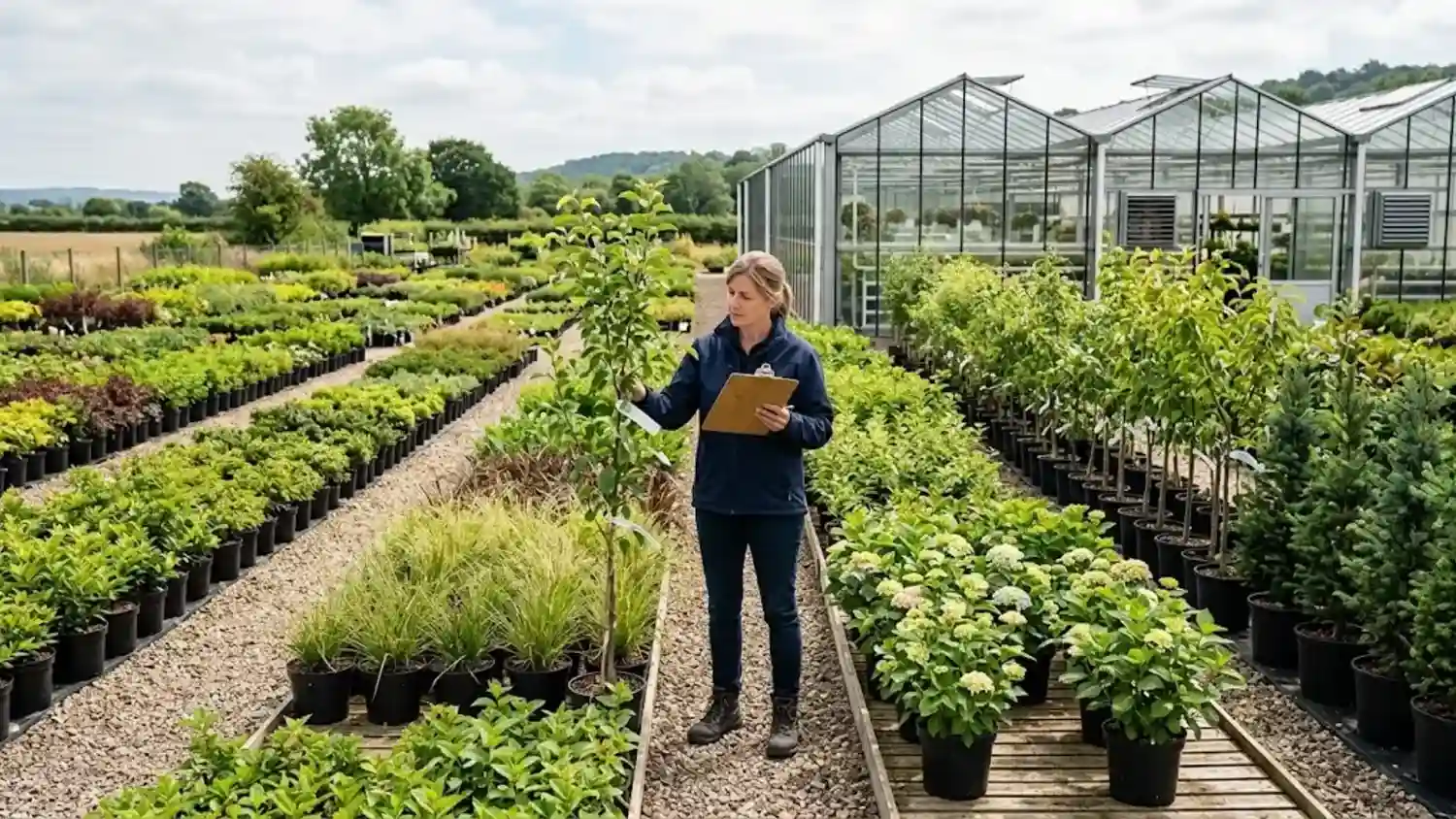 Commercial plant nursery with rows of plants and a nursery owner