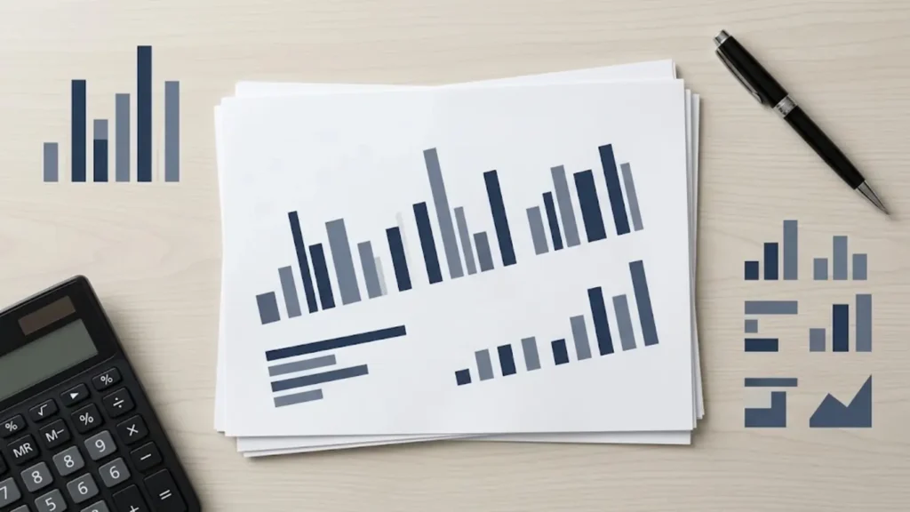 Financial report and calculator illustrating different business financial measures