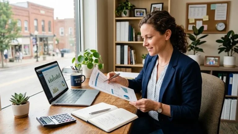 Small business owner reviewing financial statements to evaluate profit margins