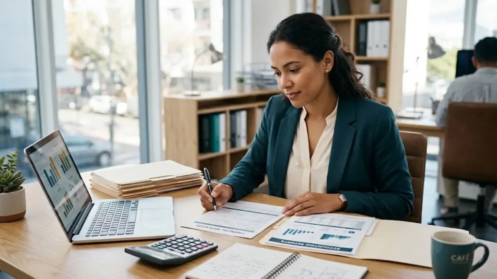 Small business owner checking accounting reports before completing a financial application