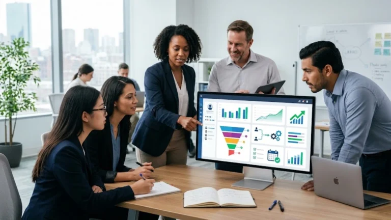 Small business team comparing CRM software and sales workflows