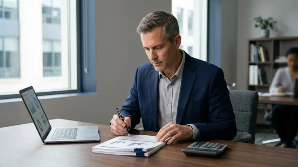 Financial report and calculator illustrating different business financial measures