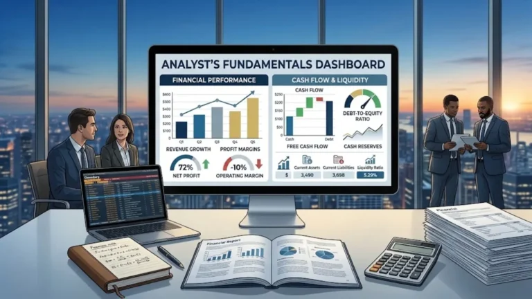 Analyst reviewing company fundamentals and financial performance