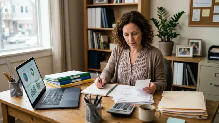 Small business owner organizing invoices and annual sales records