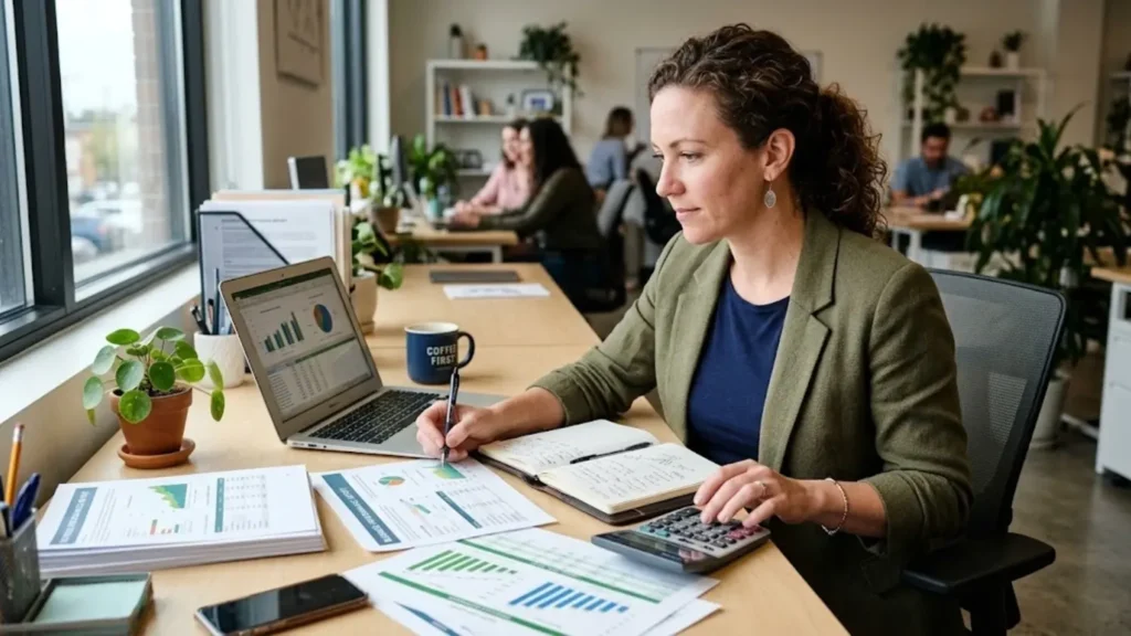 Small business owner reviewing financial performance to increase profits