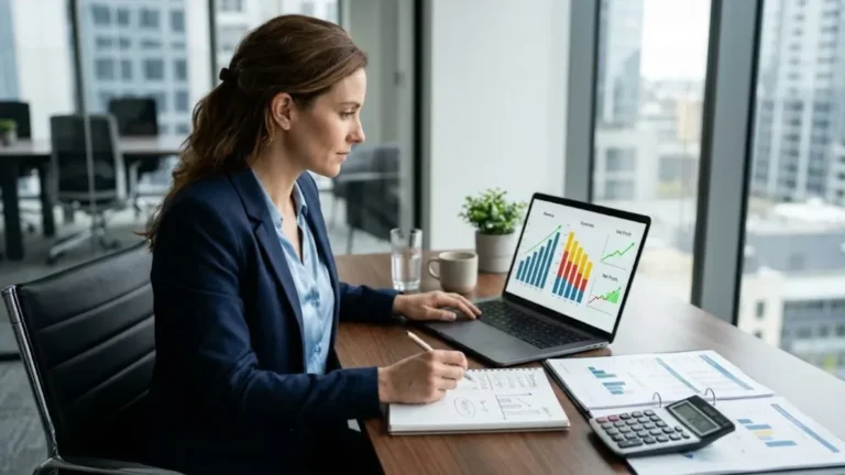Business owner reviewing revenue, expenses, and profit on financial reports