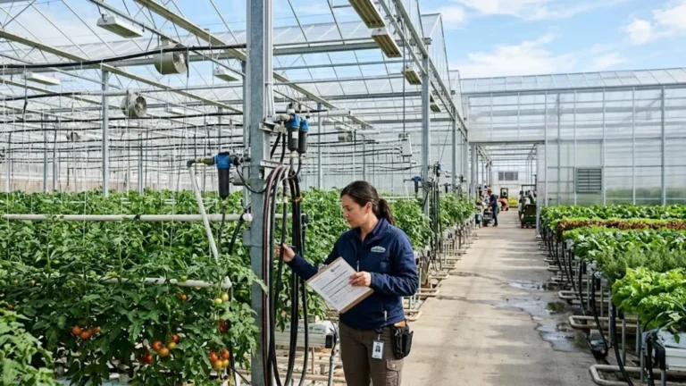 Commercial greenhouse facility with plants and an operator reviewing business insurance documents