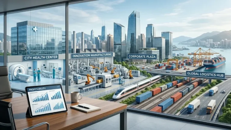 Technology, healthcare, manufacturing, real estate, and logistics industries representing profitable business sectors