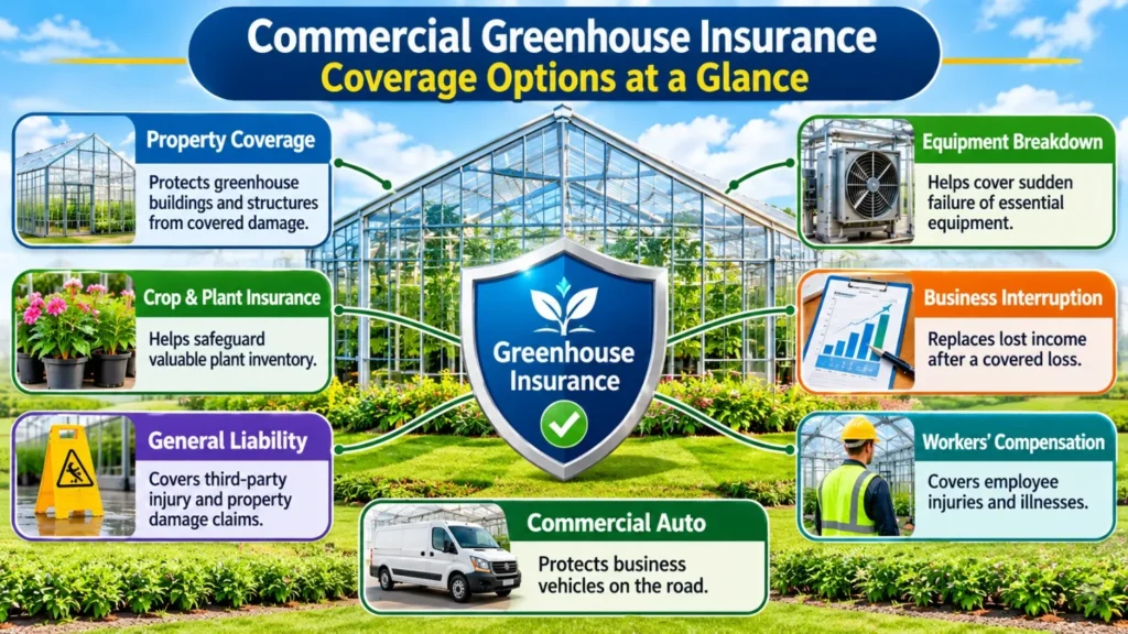 Commercial greenhouse insurance coverage options for property, crops, liability, equipment and business interruption