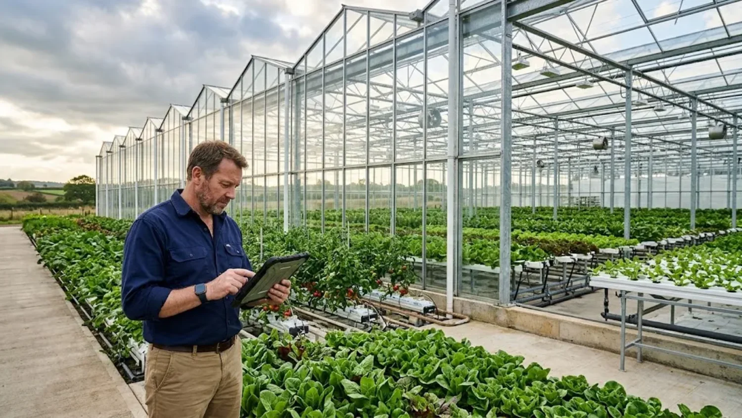 Commercial greenhouse facility with healthy crops and a greenhouse manager inspecting the property