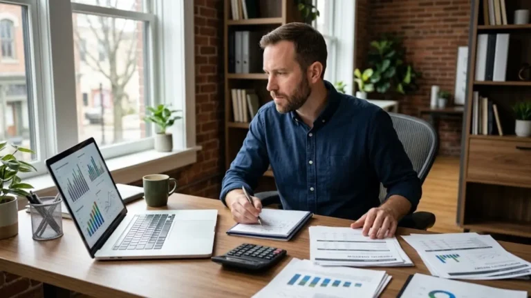 Small business owner comparing revenue, costs, and profit figures in financial reports