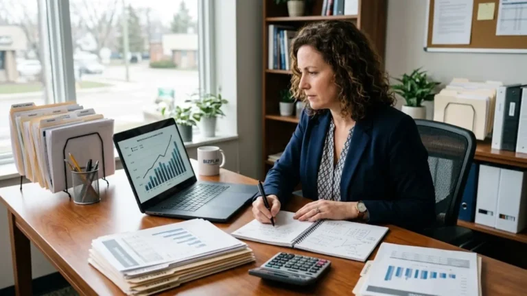 Business owner reviewing a revenue forecast and monthly financial charts